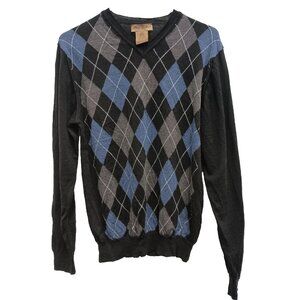 VTG 90s Mario Gilberti Womens Wool Sweater Medium Blue Black Argyle Preppy